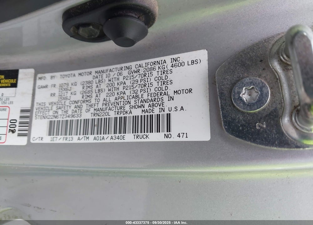 2007 TOYOTA TACOMA VIN: 5TENX22N67Z349633