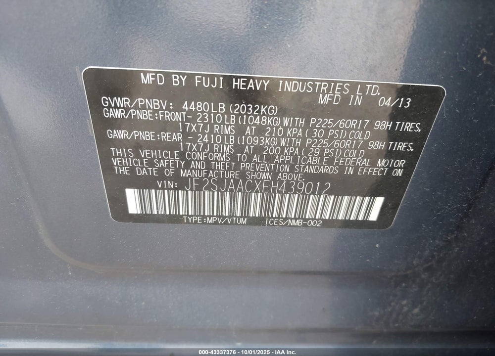 2014 SUBARU FORESTER VIN: JF2SJAACXEH439012