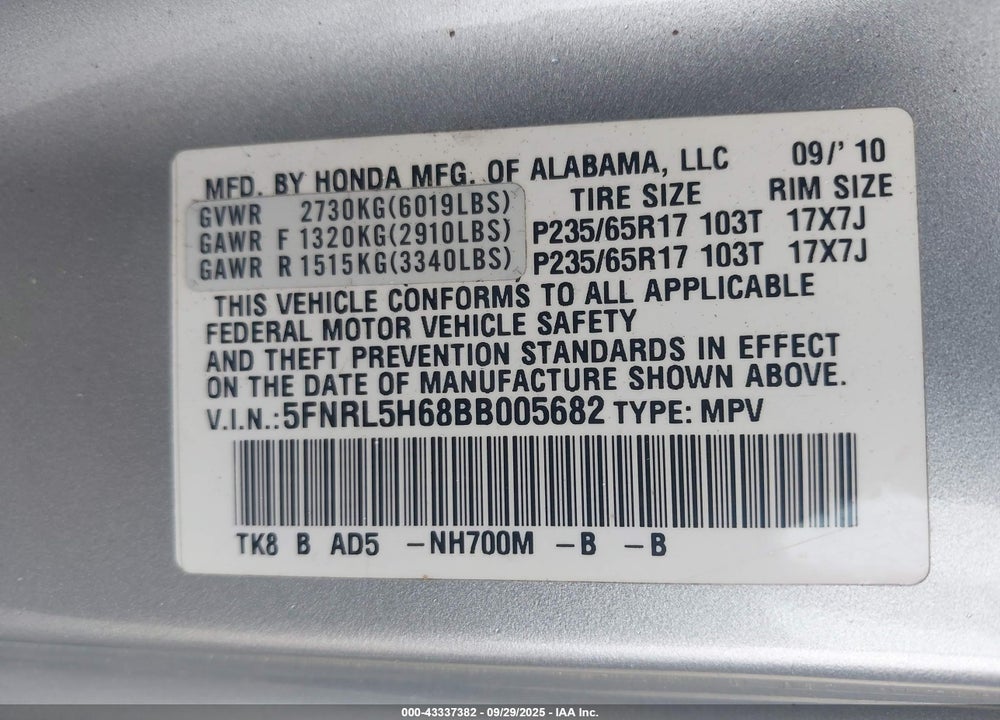 2011 HONDA ODYSSEY EX-L VIN: 5FNRL5H68BB005682