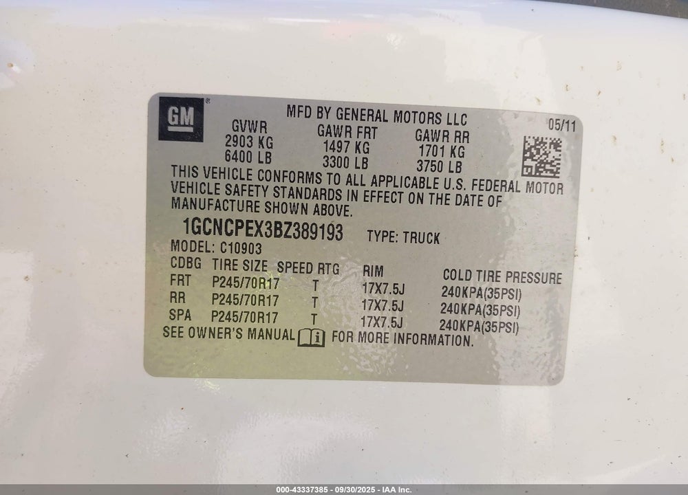 2011 CHEVROLET SILVERADO 1500 VIN: 1GCNCPEX3BZ389193
