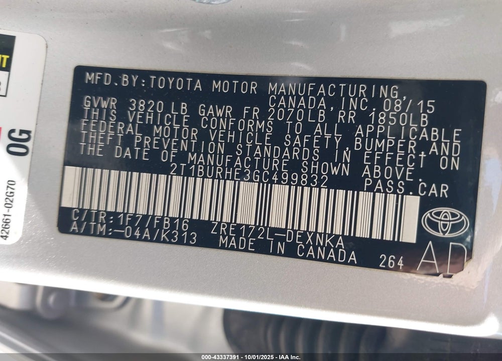 2016 TOYOTA COROLLA LE VIN: 2T1BURHE3GC499832
