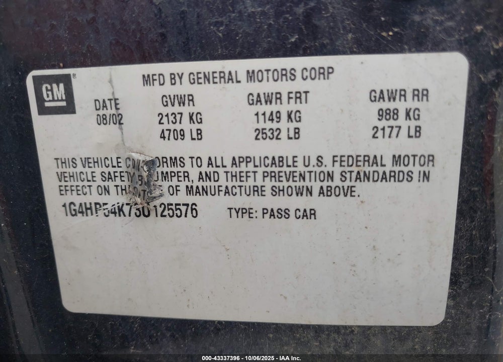 2003 BUICK LESABRE CUSTOM VIN: 1G4HP54K73U125576