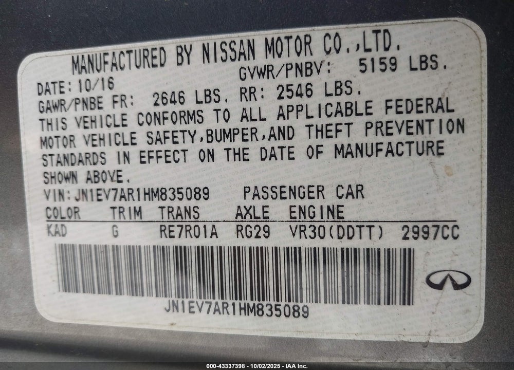 2017 INFINITI Q50 VIN: JN1EV7AR1HM835089