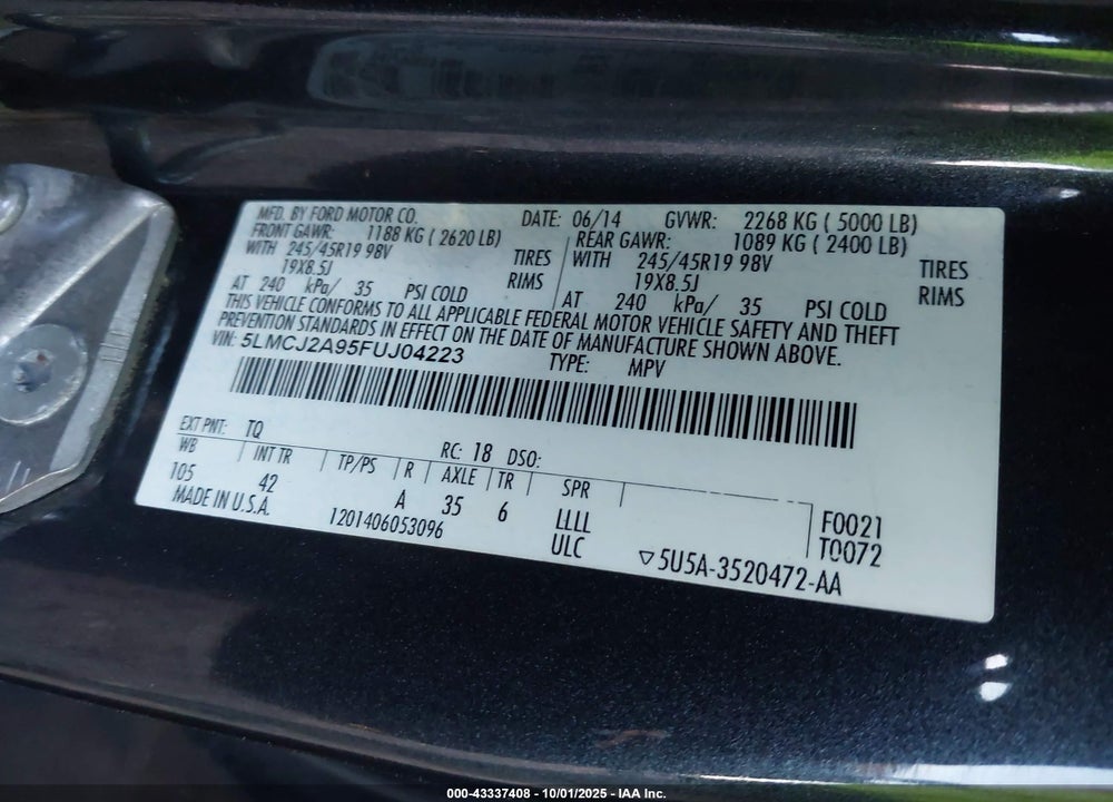2015 LINCOLN MKC VIN: 5LMCJ2A95FUJ04223