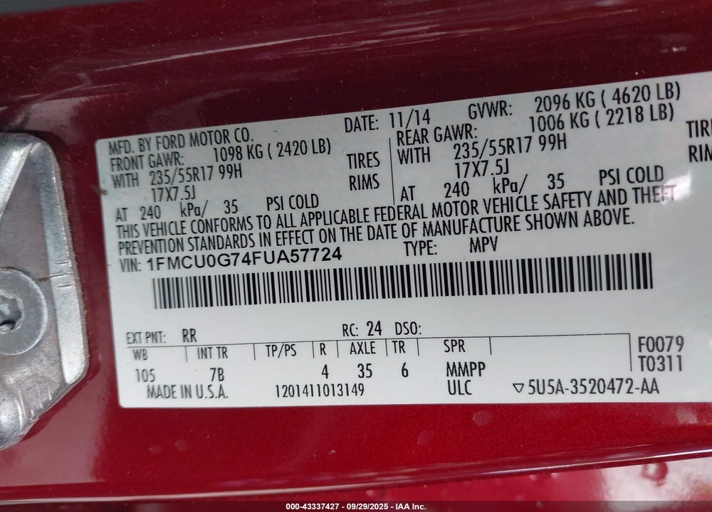 2015 FORD ESCAPE VIN: 1FMCU0G74FUA57724