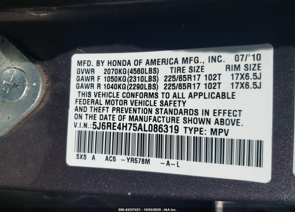 2010 HONDA CR-V VIN: 5J6RE4H75AL086319