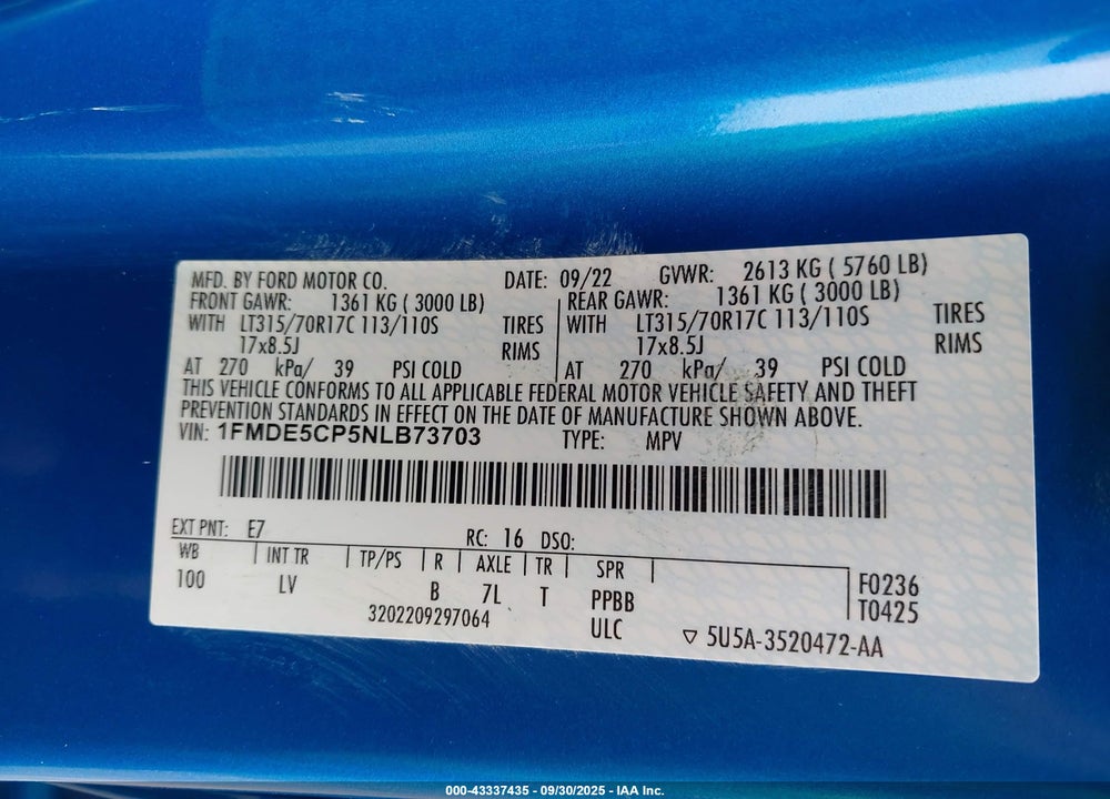2022 FORD BRONCO VIN: 1FMDE5CP5NLB73703