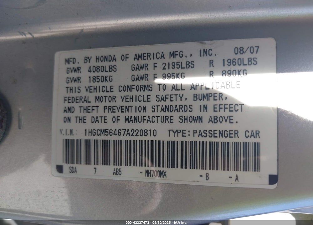2007 HONDA ACCORD VIN: 1HGCM56467A220810
