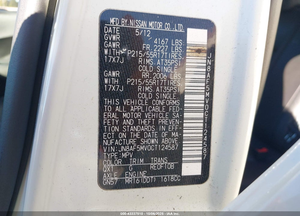 2012 NISSAN JUKE VIN: JN8AF5MV0CT124587