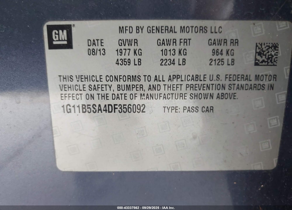 2013 CHEVROLET MALIBU VIN: 1G11B5SA4DF356092