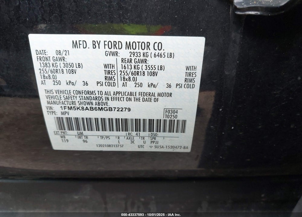 2021 FORD POLICE INTERCEPTOR UTILITY VIN: 1FM5K8AB6MGB72279