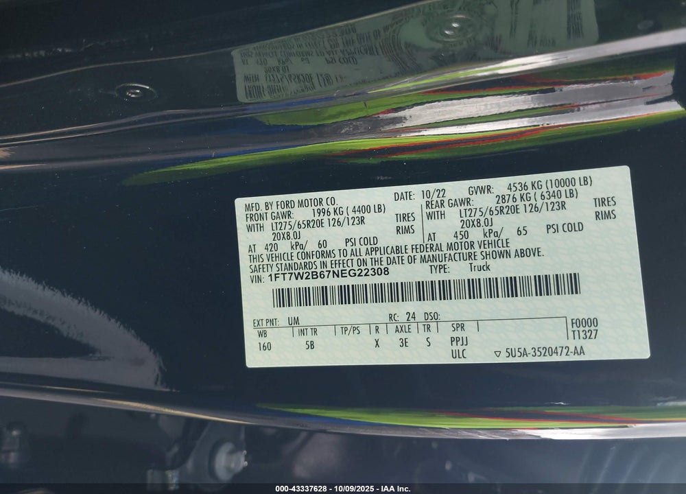 2022 FORD F-250 LARIAT VIN: 1FT7W2B67NEG22308