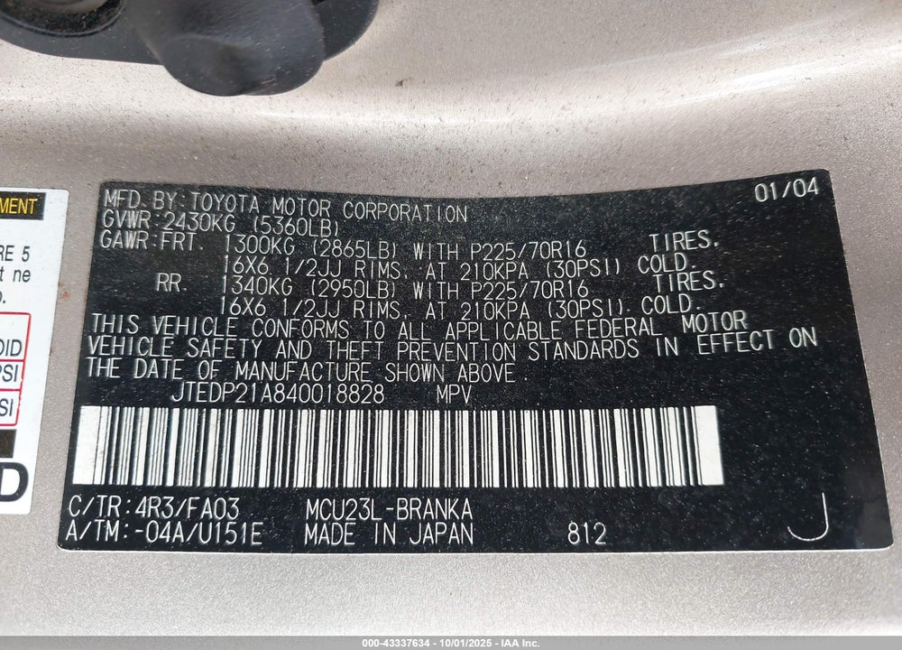 2004 TOYOTA HIGHLANDER V6 VIN: JTEDP21A840018828