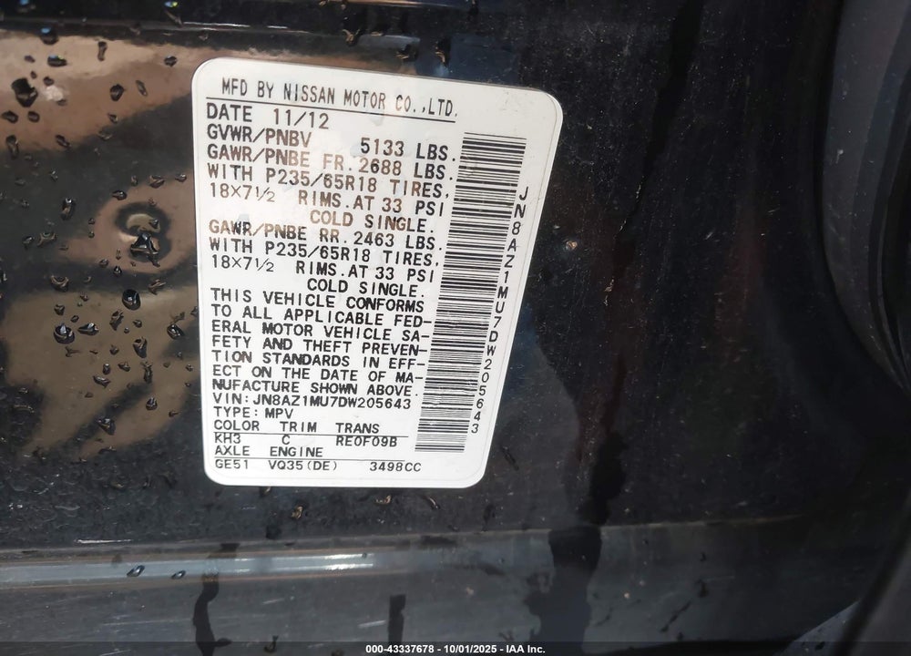 2013 NISSAN MURANO VIN: JN8AZ1MU7DW205643