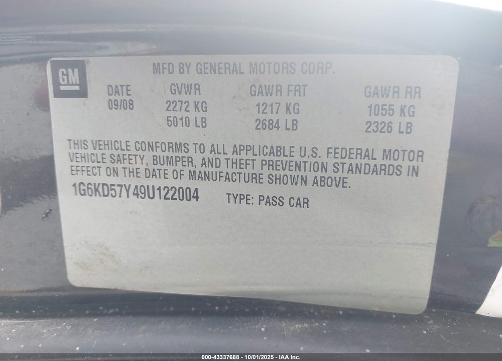 2009 CADILLAC DTS VIN: 1G6KD57Y49U122004