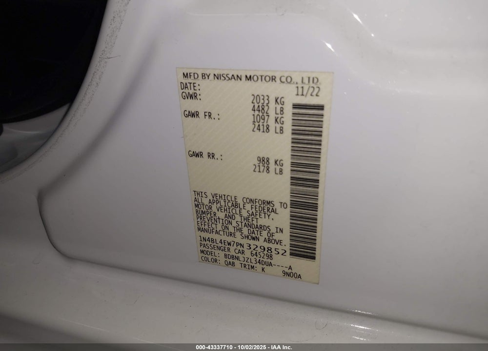 2023 NISSAN ALTIMA SL INTELLIGENT AWD VIN: 1N4BL4EW7PN329852