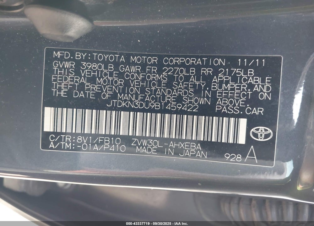 2011 TOYOTA PRIUS TWO VIN: JTDKN3DU9B1459422
