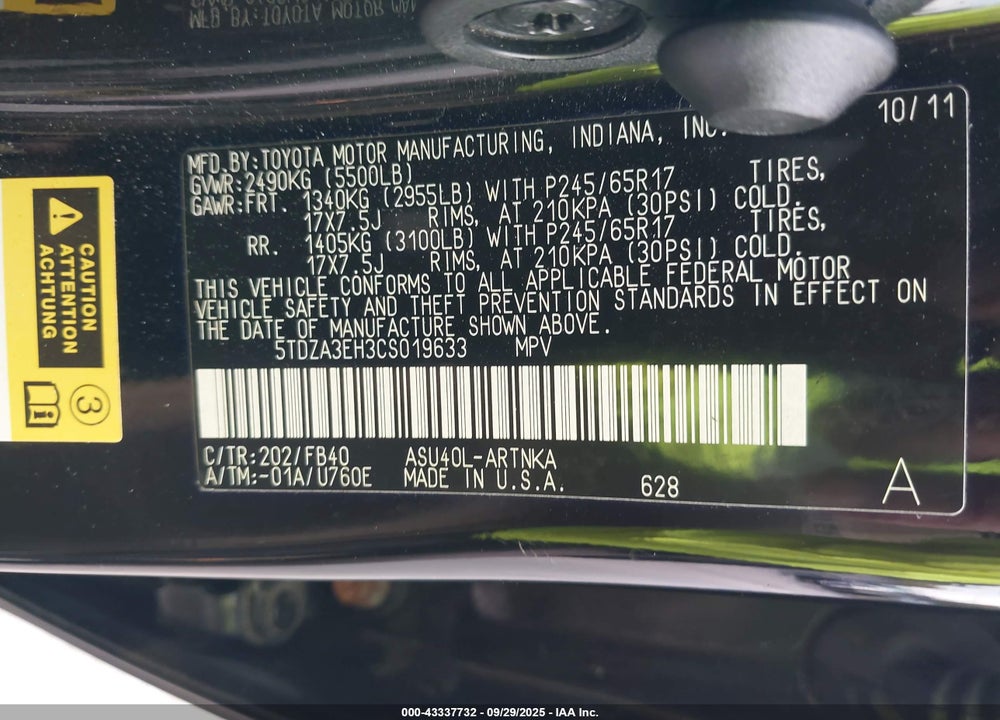 2012 TOYOTA HIGHLANDER VIN: 5TDZA3EH3CS019633