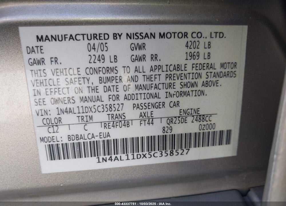 2005 NISSAN ALTIMA 2.5 S VIN: 1N4AL11DX5C358527