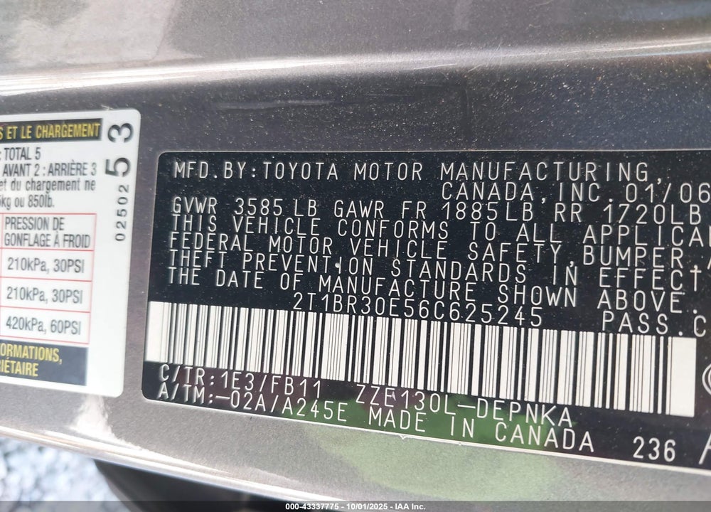 2006 TOYOTA COROLLA VIN: 2T1BR30E56C625245