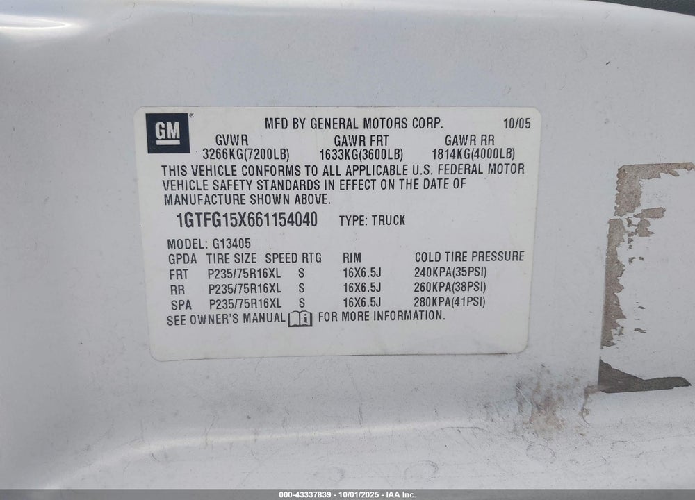2006 GMC SAVANA WORK VAN VIN: 1GTFG15X661154040