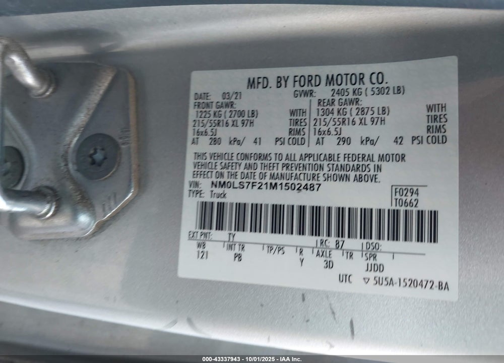 2021 FORD TRANSIT CONNECT XLT VIN: NM0LS7F21M1502487