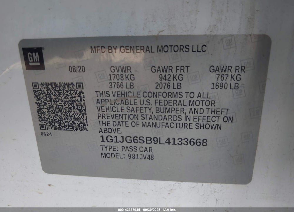2020 CHEVROLET SONIC VIN: 1G1JG6SB9L4133668