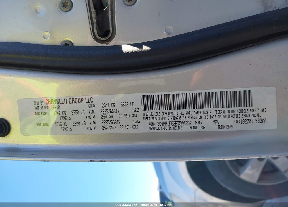 2011 DODGE JOURNEY VIN: 3D4PH1FG2BT500297