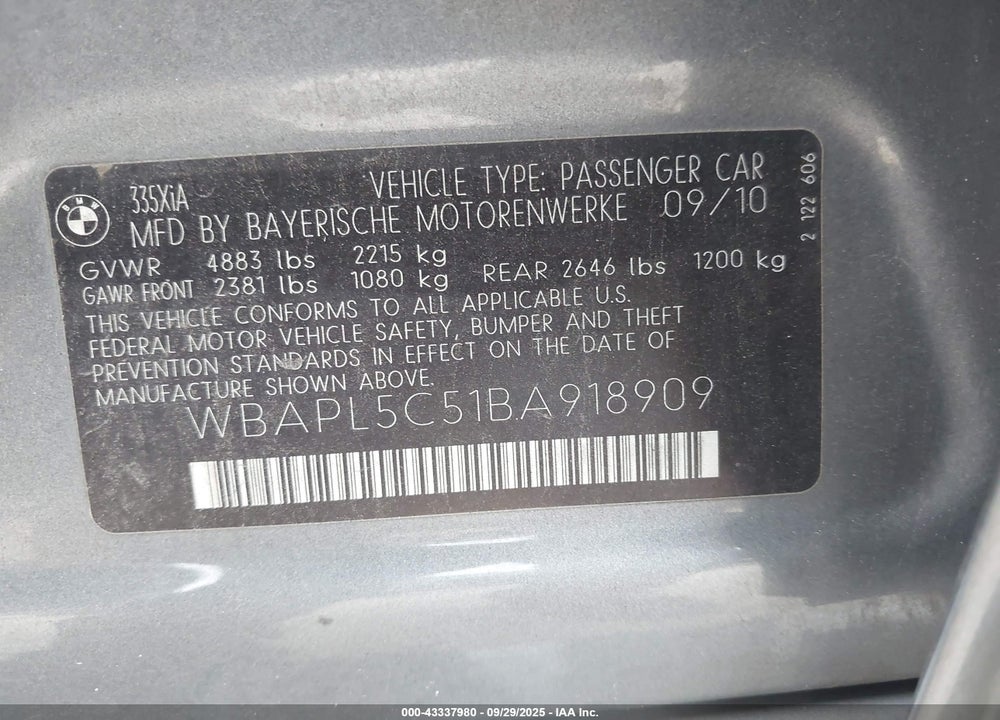 2011 BMW 3 SERIES VIN: WBAPL5C51BA918909
