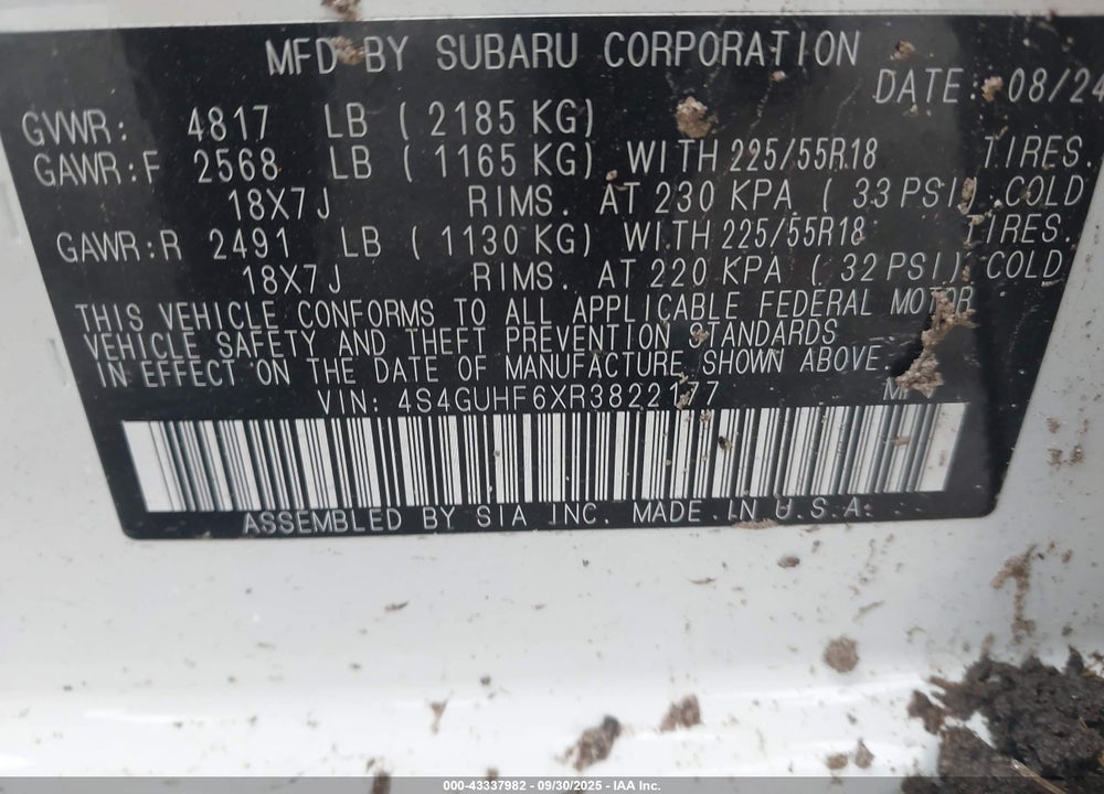 2024 SUBARU CROSSTREK VIN: 4S4GUHF6XR3822177