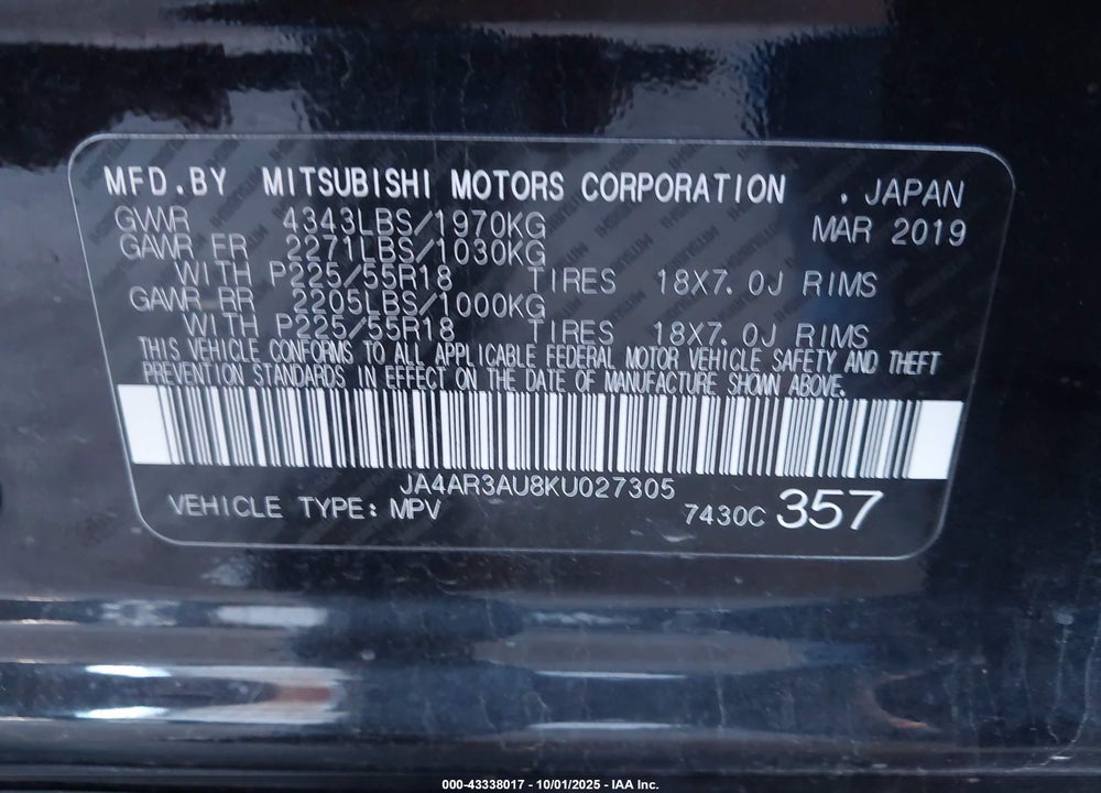 2019 MITSUBISHI OUTLANDER SPORT VIN: JA4AR3AU8KU027305
