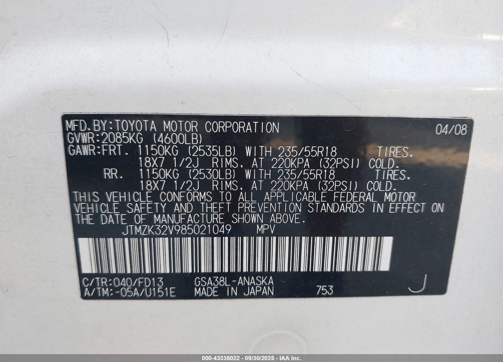 2008 TOYOTA RAV4 VIN: JTMZK32V985021049