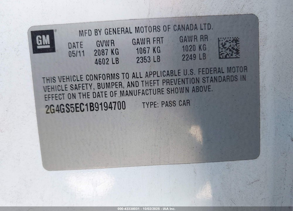 2011 BUICK REGAL VIN: 2G4GS5EC1B9194700