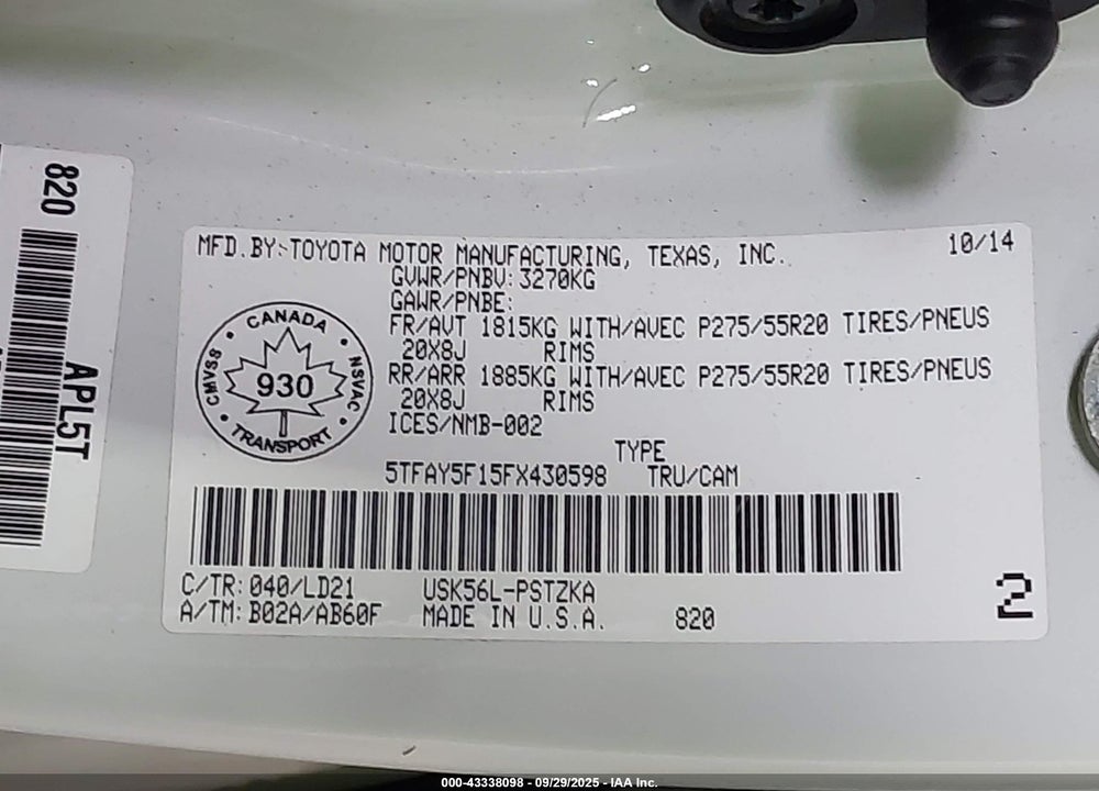 2015 TOYOTA TUNDRA PLATINUM 5.7L V8 VIN: 5TFAY5F15FX430598