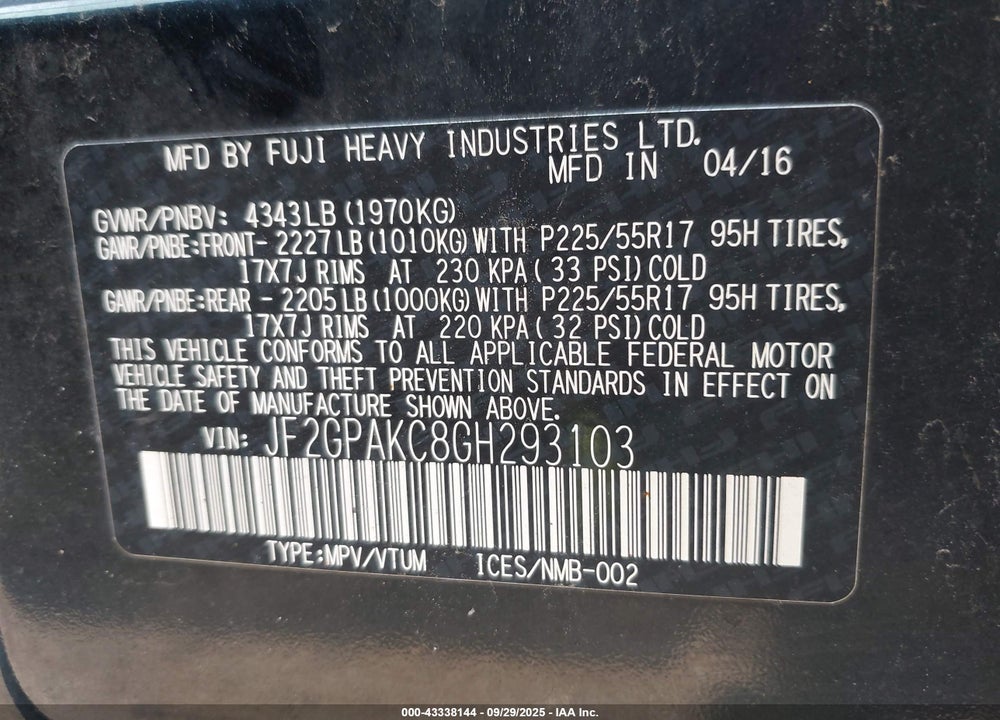 2016 SUBARU CROSSTREK VIN: JF2GPAKC8GH293103