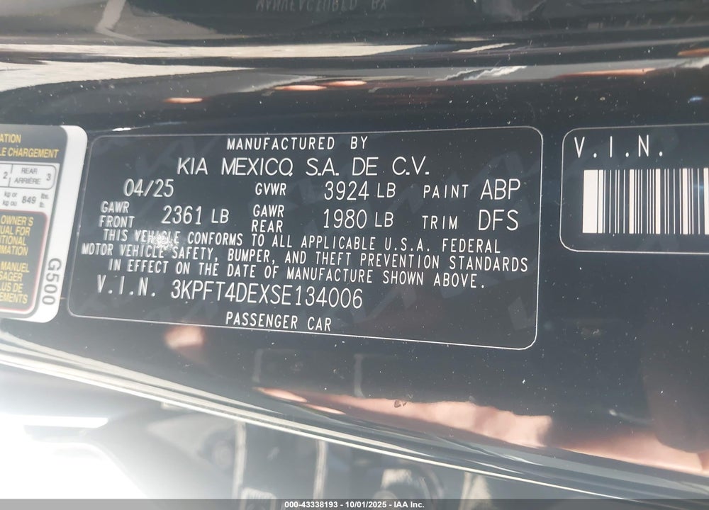 2025 KIA K4 LXS VIN: 3KPFT4DEXSE134006