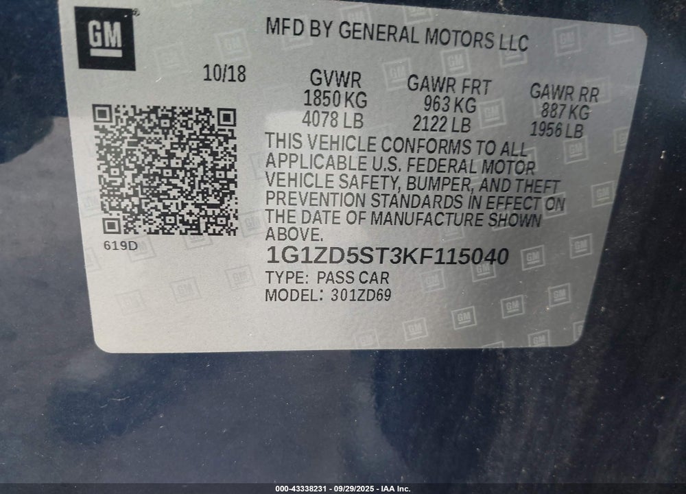 2019 CHEVROLET MALIBU VIN: 1G1ZD5ST3KF115040