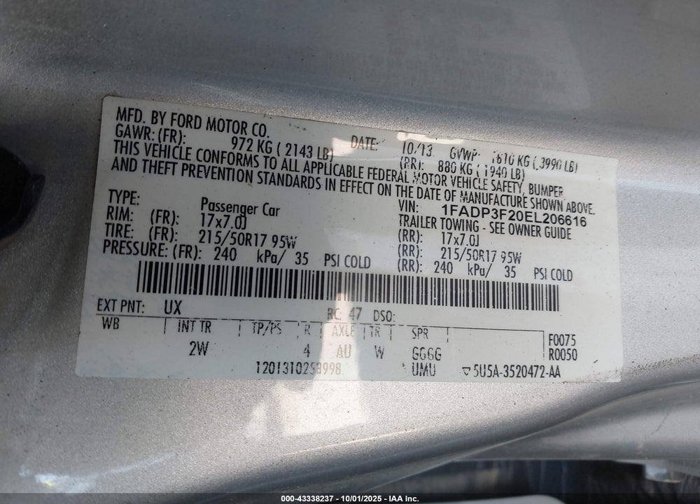 2014 FORD FOCUS VIN: 1FADP3F20EL206616