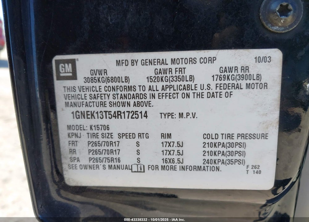 2004 CHEVROLET TAHOE Z71 VIN: 1GNEK13T54R172514