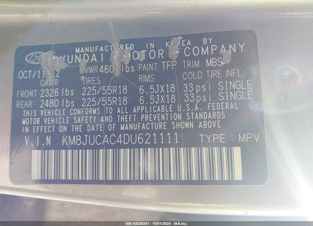 2013 HYUNDAI TUCSON LIMITED VIN: KM8JUCAC4DU621111