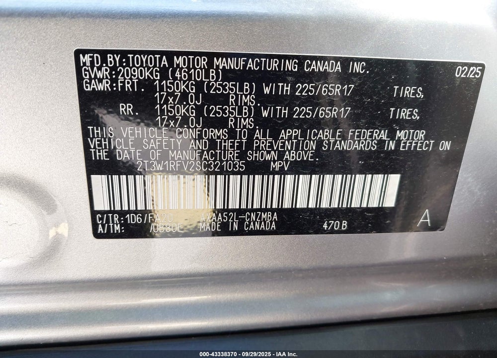 2025 TOYOTA RAV4 XLE VIN: 2T3W1RFV2SC321035