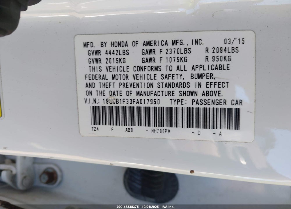 2015 ACURA TLX VIN: 19UUB1F33FA017950