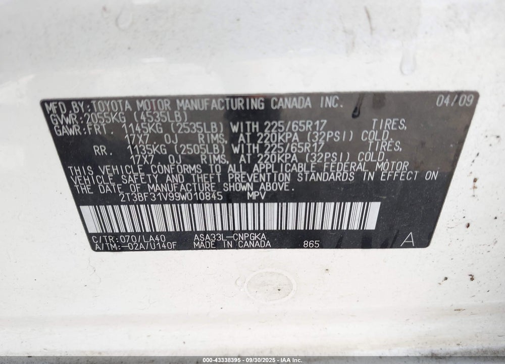 2009 TOYOTA RAV4 LIMITED VIN: 2T3BF31V99W010845