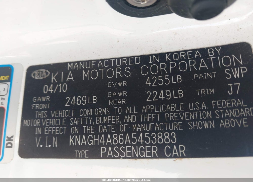 2010 KIA OPTIMA VIN: KNAGH4A86A5453883
