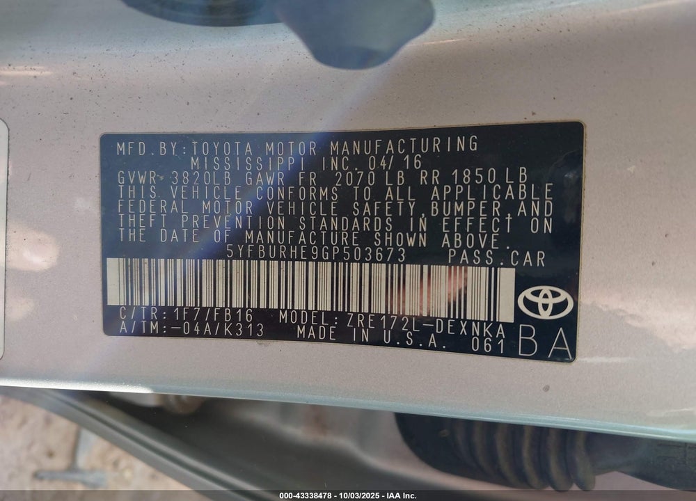 2016 TOYOTA COROLLA LE PLUS VIN: 5YFBURHE9GP503673