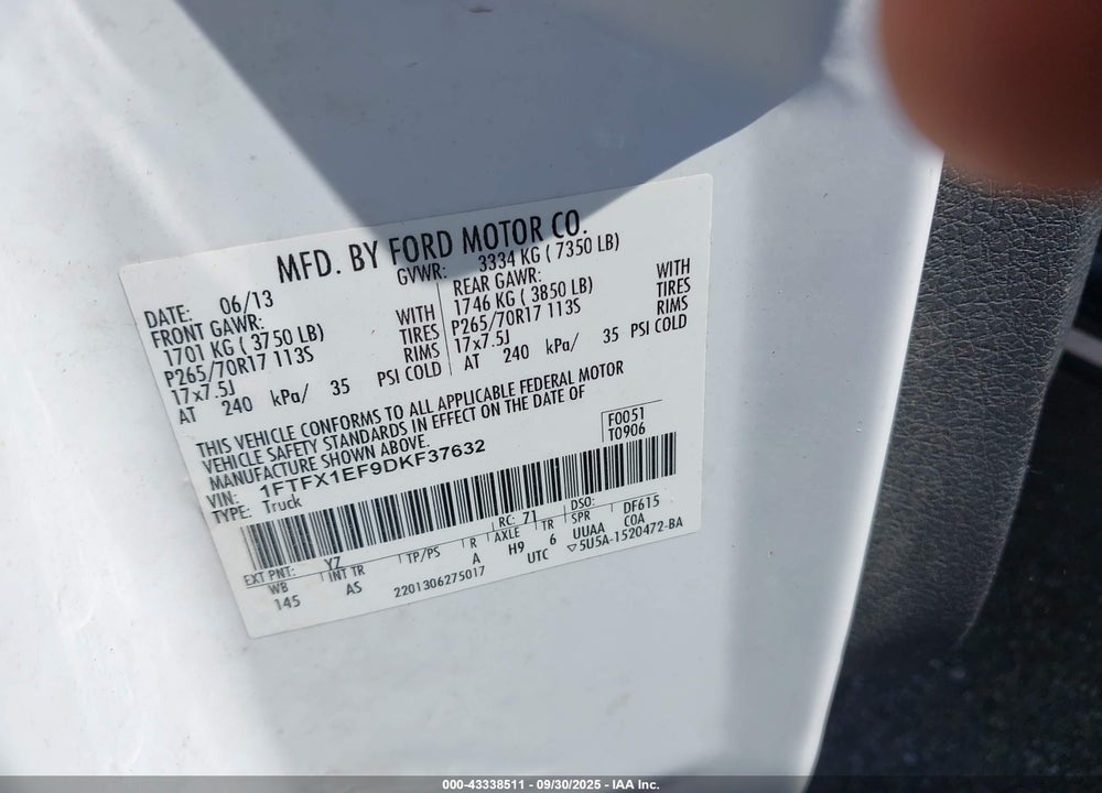 2013 FORD F-150 XL VIN: 1FTFX1EF9DKF37632