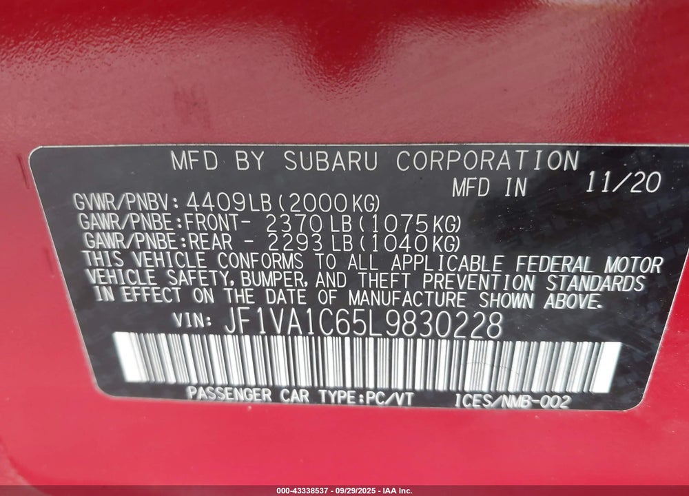2020 SUBARU WRX VIN: JF1VA1C65L9830228