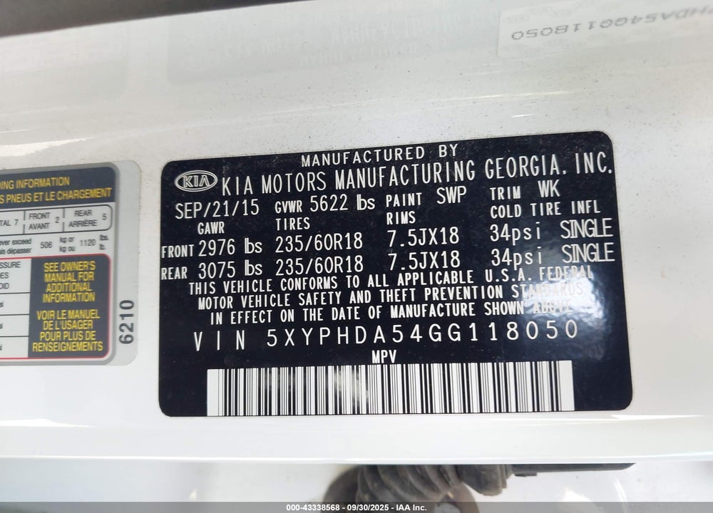 2016 KIA SORENTO VIN: 5XYPHDA54GG118050