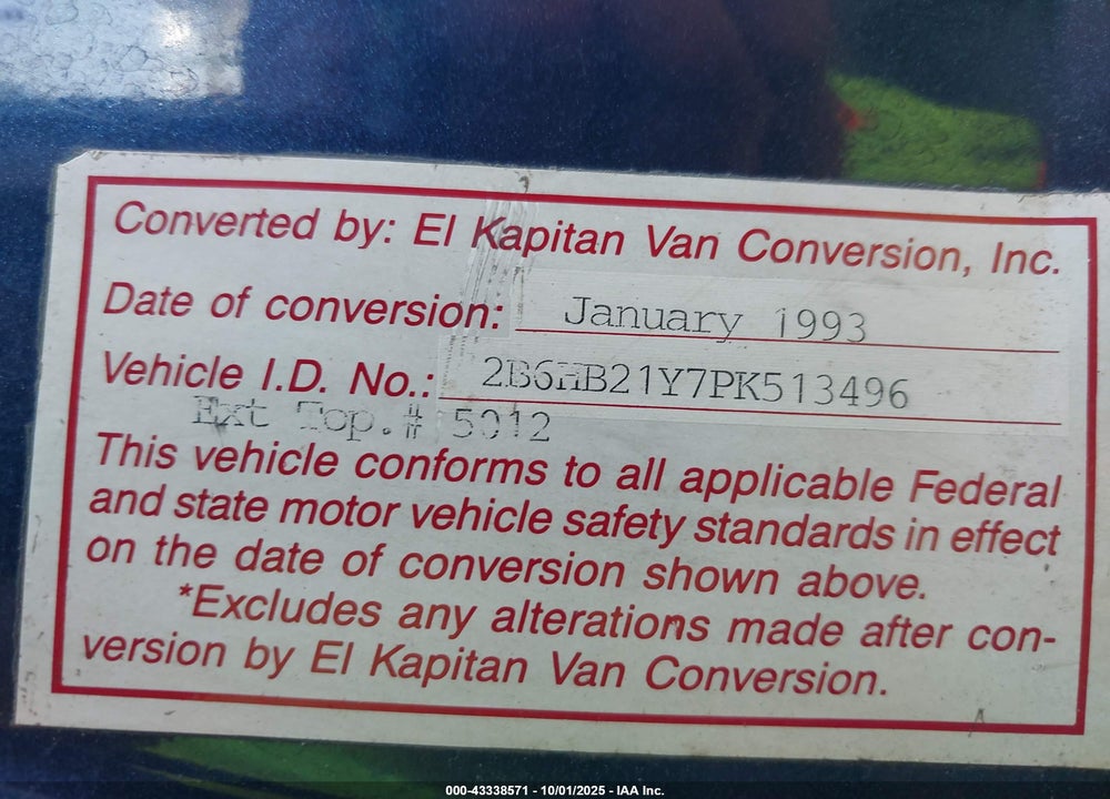 1993 DODGE RAM VAN B250 VIN: 2B6HB21Y7PK513496