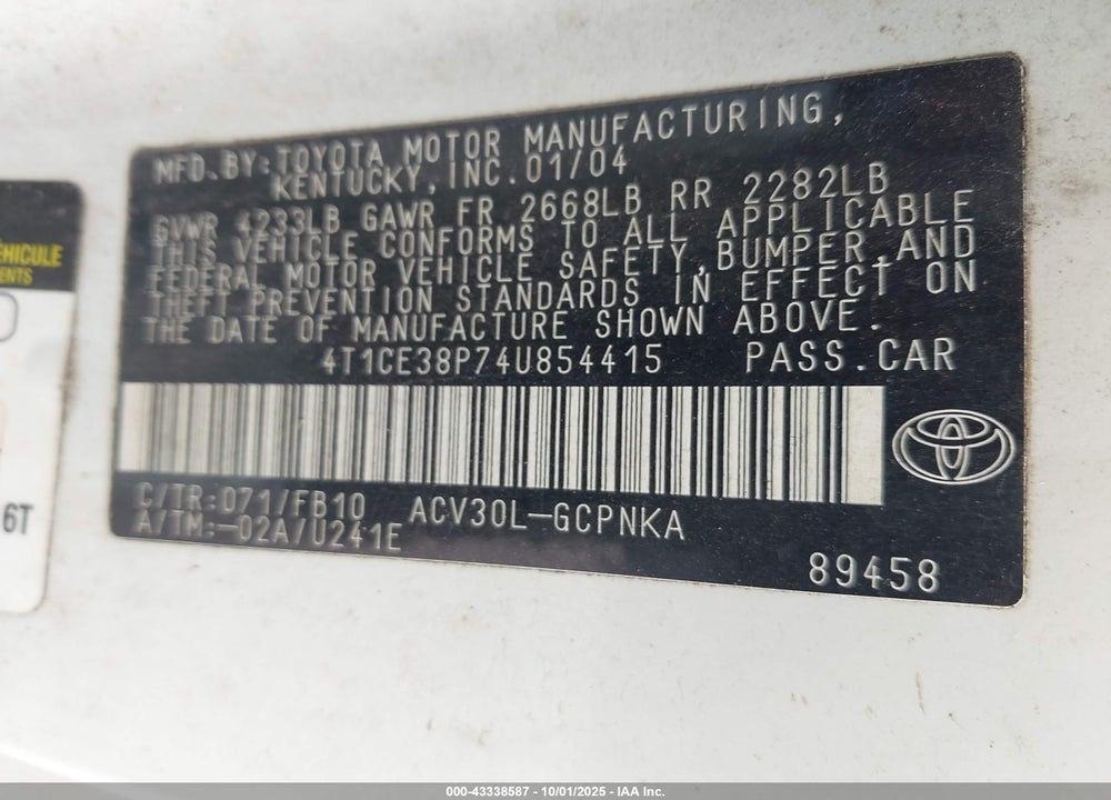 2004 TOYOTA CAMRY SOLARA SE VIN: 4T1CE38P74U854415